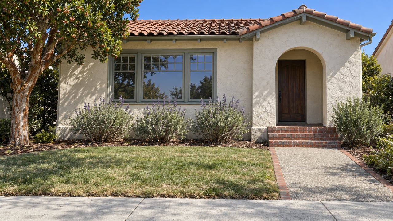 Warm stucco cottage with a red tile roof, arched entry, brick steps and a small front garden in bright daylight.