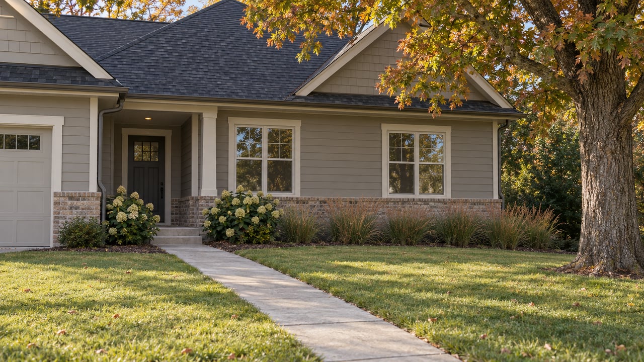 Detached house with broad lawn, concrete walkway, divided-light windows, and a mature oak with russet leaves.