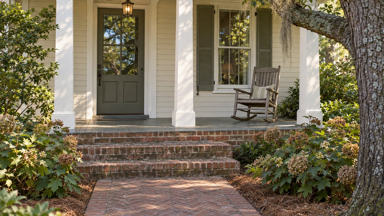 Ivory clapboard home with a shaded front porch, gray-green door, brick steps and oakleaf hydrangeas beside a brick approach.