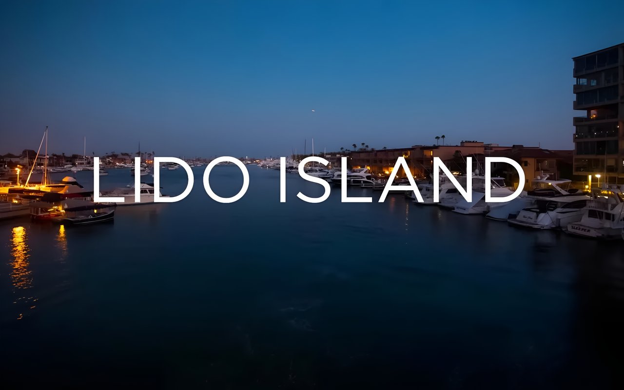 A marina at dusk with yachts docked along the water, city lights glowing, and the words “Lido Island” across the image.