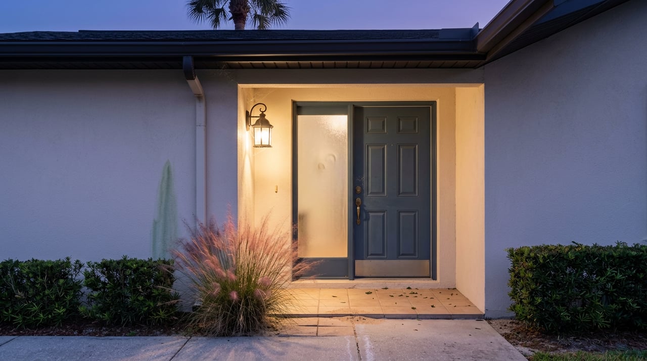 Recessed stucco entry with a blue-gray door, glowing lantern and sidelight, and pink grass beside the stoop.
