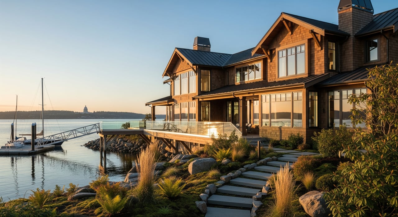 Large timber lake house with a stone path and dock extending over calm water at sunset.