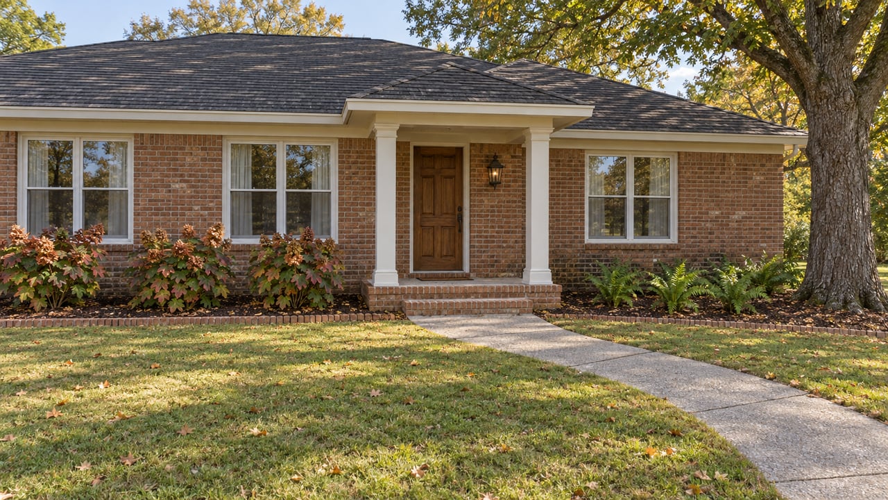 Brick home with white-trimmed windows, a curved concrete walk, broad autumn lawn and a mature oak.