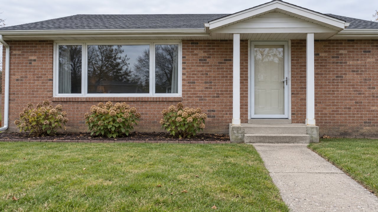 A modest red-brown brick ranch home with white-framed windows, a sheltered front entry and a concrete path crossing an autumn lawn.