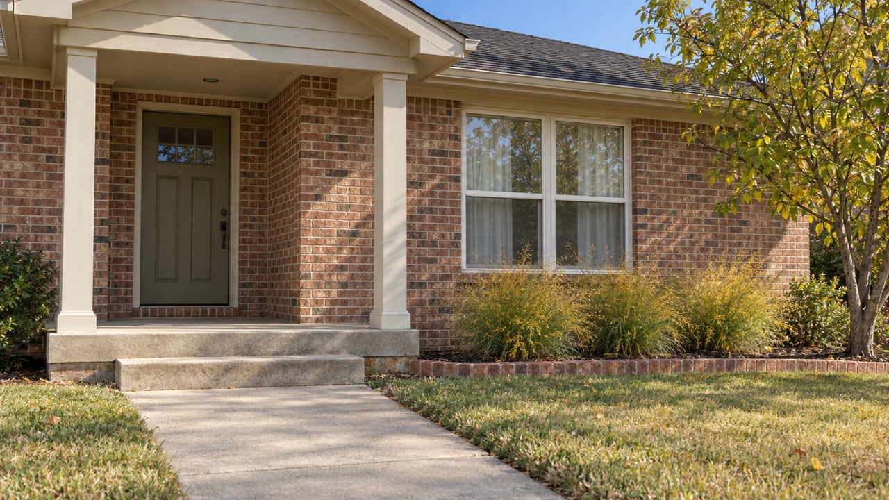 Red-brown brick home with a covered entry, paired windows, concrete steps, and early-autumn redbud foliage.