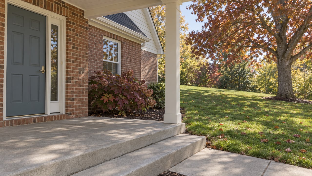 Brick house entry with a blue-gray door, concrete porch steps and an autumn oak shading a broad front lawn.
