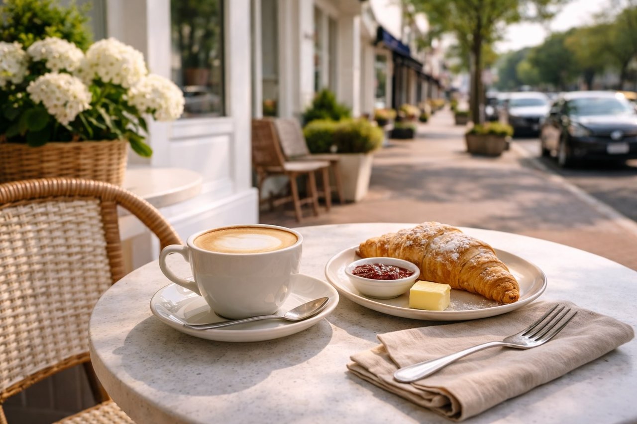 coffee and pastry on a table in a bright coastal cafe