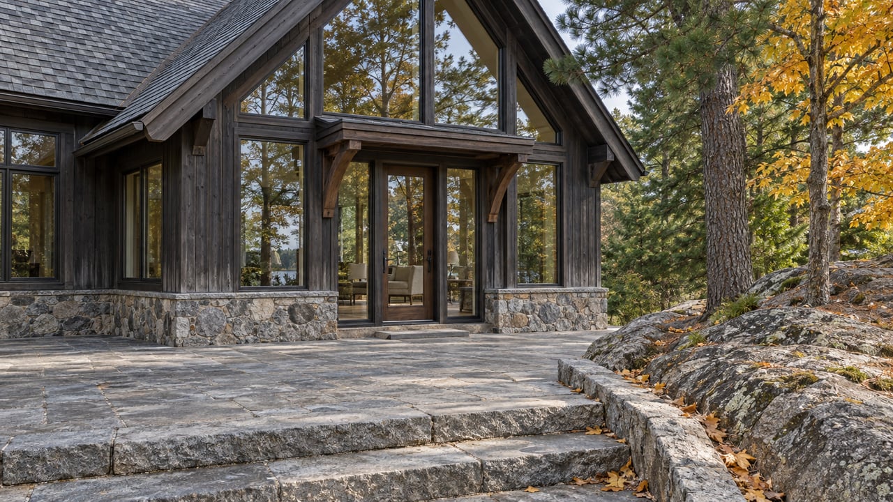 Dark cedar cottage entrance with gable glazing, weathered granite steps, and copper maple leaves beside exposed bedrock.