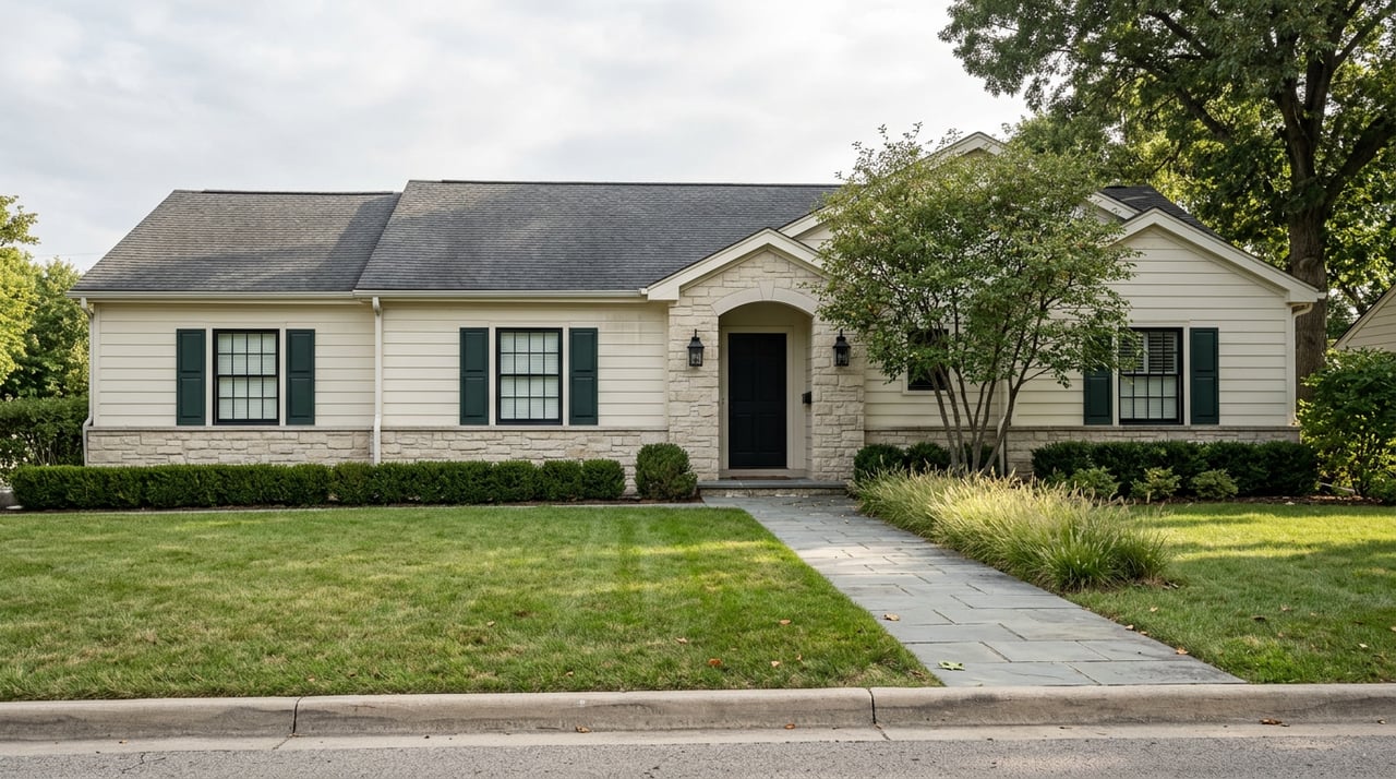 Single-story cream-and-limestone home with a dark arched entry, bluestone walkway, lawn, and mature trees.