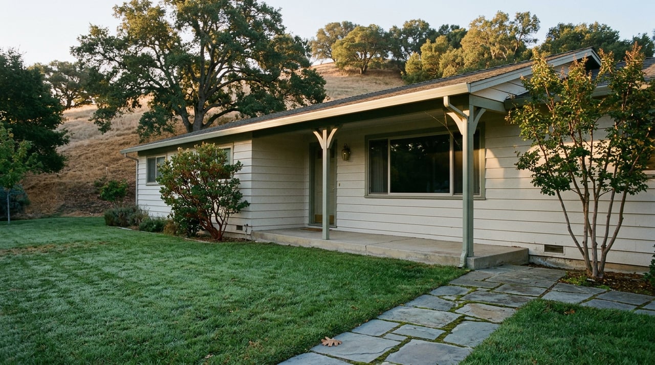 Single-story ranch home with a shaded porch, dew-covered lawn, flagstone path, and oak canopy on a hillside.