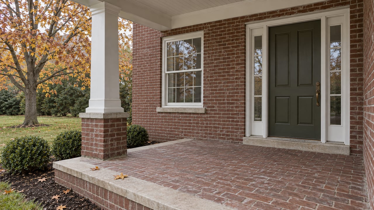 Covered brick front porch with a dark olive door, white trim, and copper-yellow maple leaves beside a late-autumn lawn.