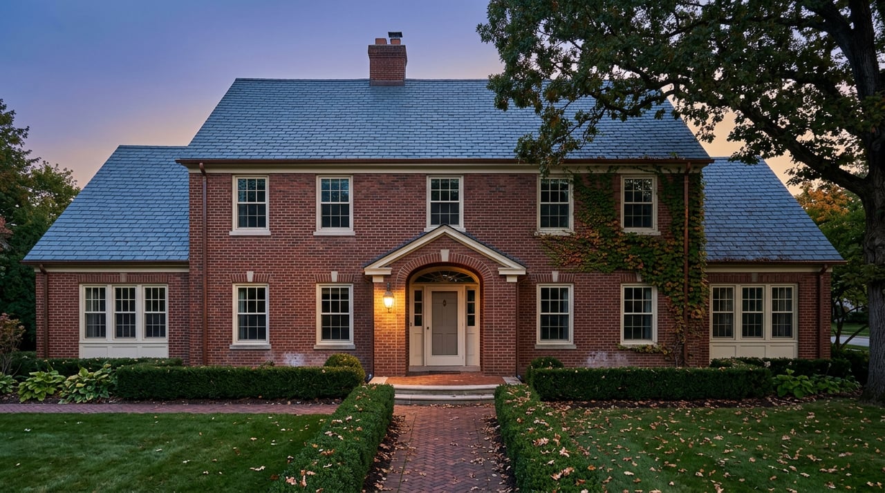 Two-story brick residence with a lit entry lantern, herringbone brick walk, clipped hedge, and large oak at dusk.