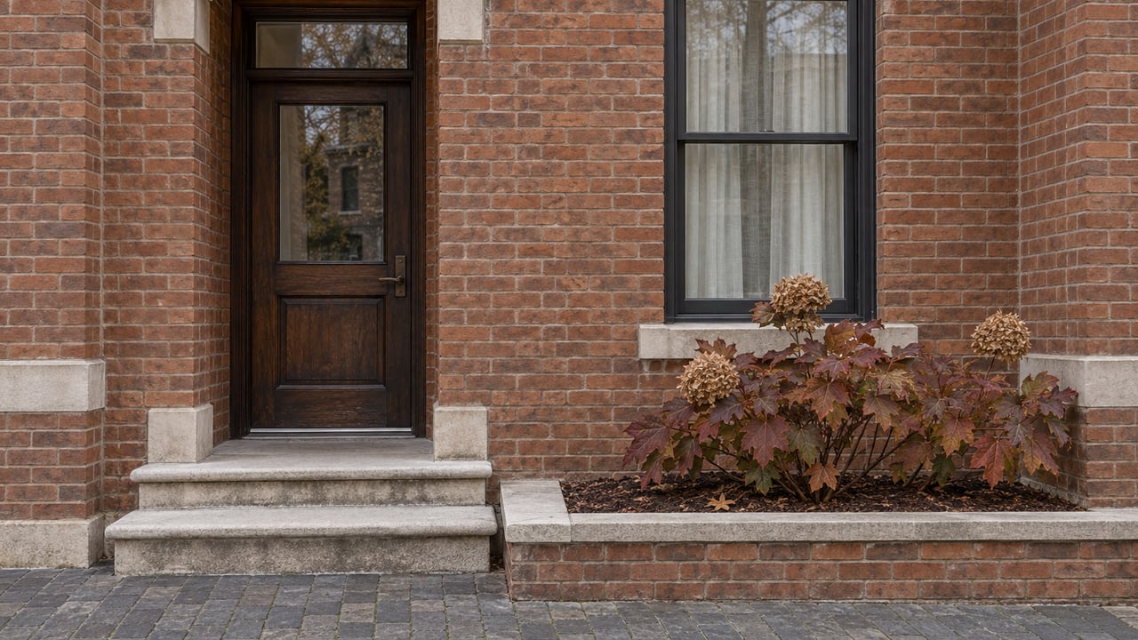 Russet brick home entrance with a dark oak door, limestone steps, tall sash window and autumn oakleaf hydrangea in a raised masonry bed.
