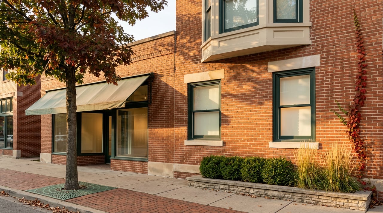 Two-story brick storefront with a green awning, autumn oak, and paver sidewalk.