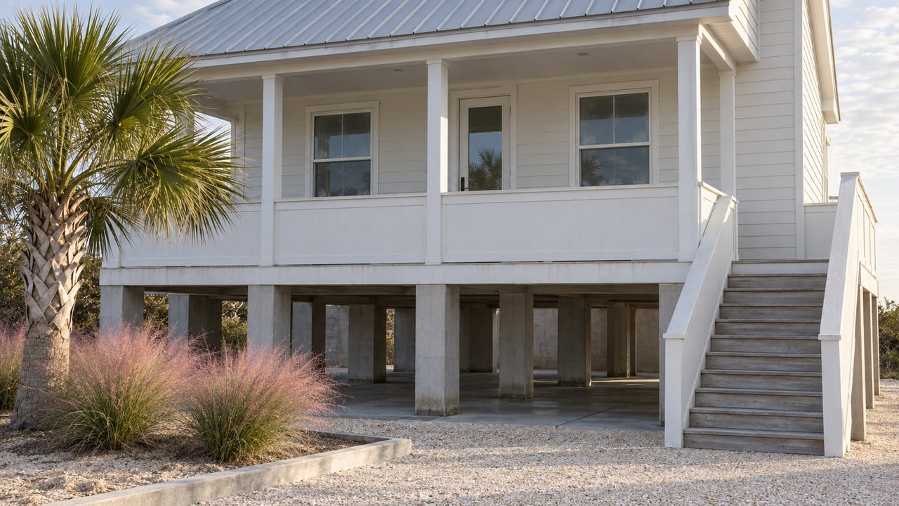 Elevated coastal house with white siding, a covered porch, timber stairs and a palm beside a shell-aggregate approach.