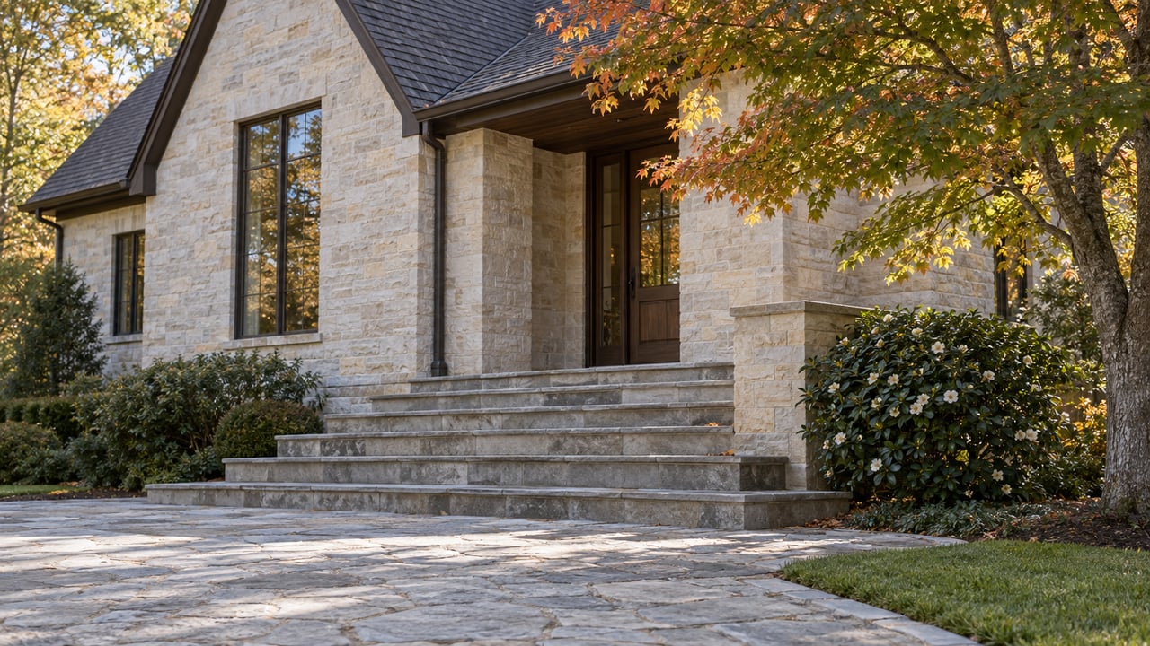 Pale limestone house with a dark gabled roof, recessed oak door, broad stone steps, and copper-orange maple leaves.