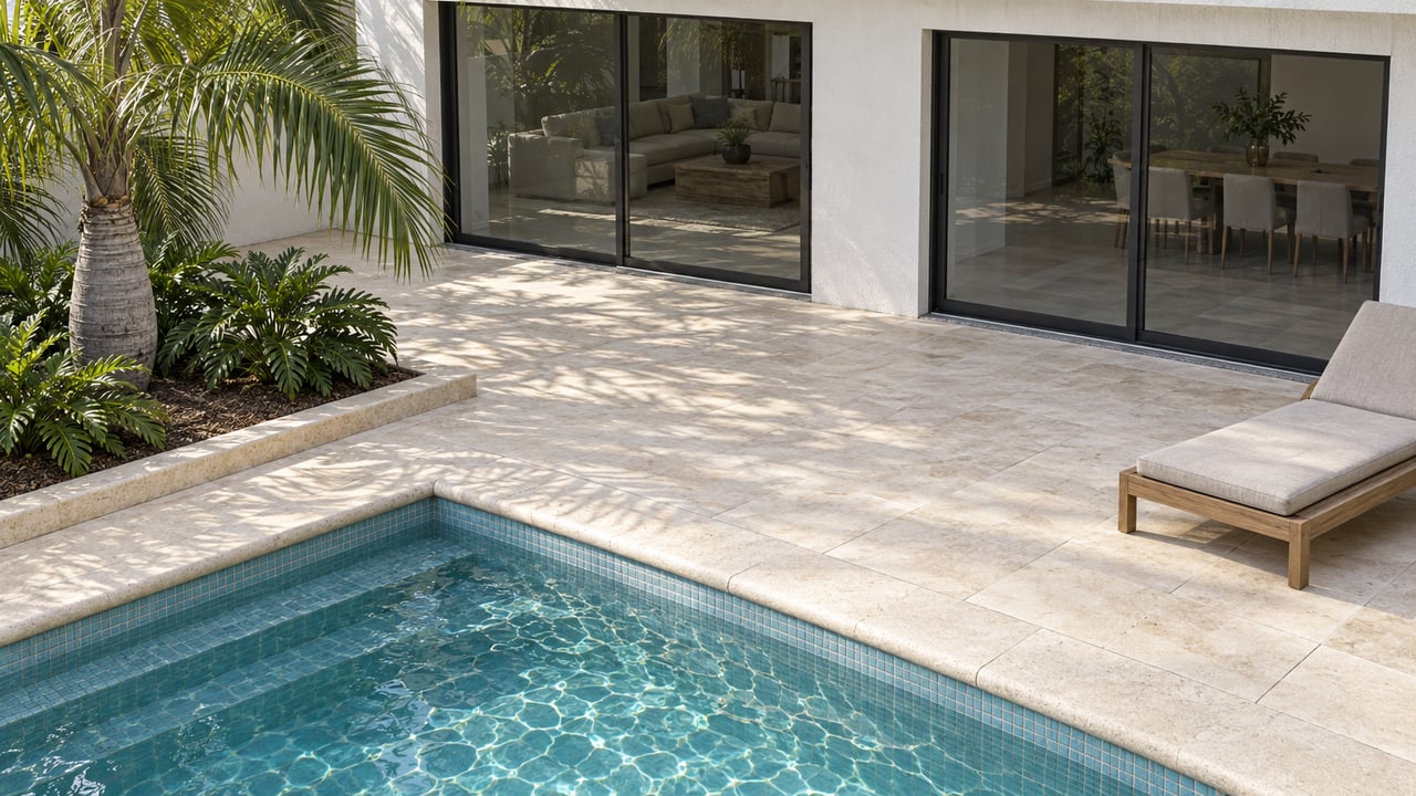 Elevated view of a private pool corner beside an ivory limestone terrace, white stucco home, closed glass doors and a single sculptural palm.