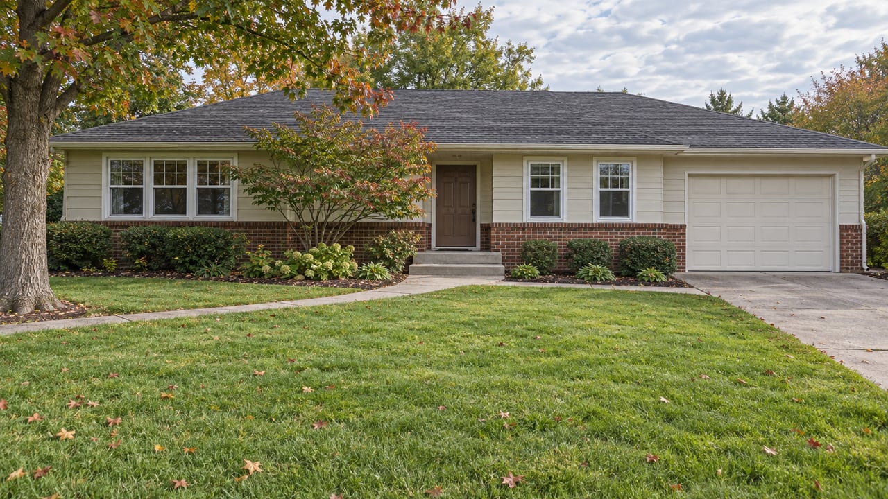 An established single-story home with cream siding, red brick, a broad front lawn, and a mature oak under soft daylight.