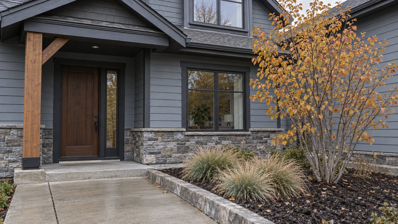 Blue-gray townhome entry with a timber porch, gray stone base and copper-yellow serviceberry beside a concrete approach.