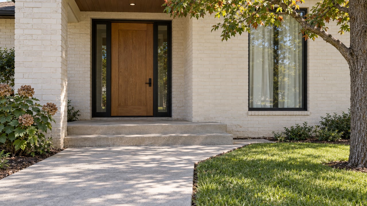 Cream brick home entry with an oak door, paired glazed sidelights, concrete steps, and a lawn beneath an oak canopy.