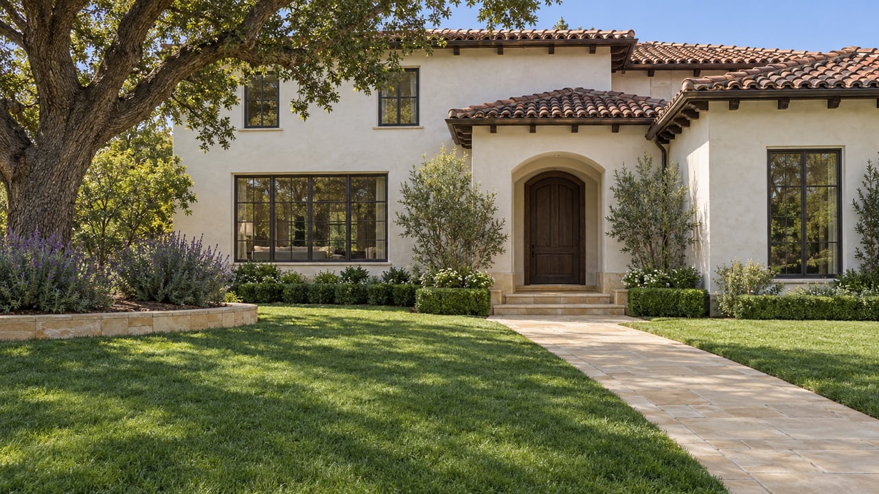 White stucco home with faded clay roof tiles, an arched oak entry, a broad lawn and a sandstone approach beneath a mature oak.