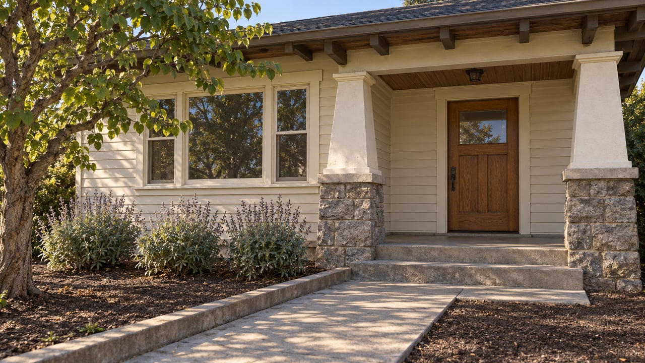 House entrance with a covered porch, stone column bases, wooden door, and concrete walkway.