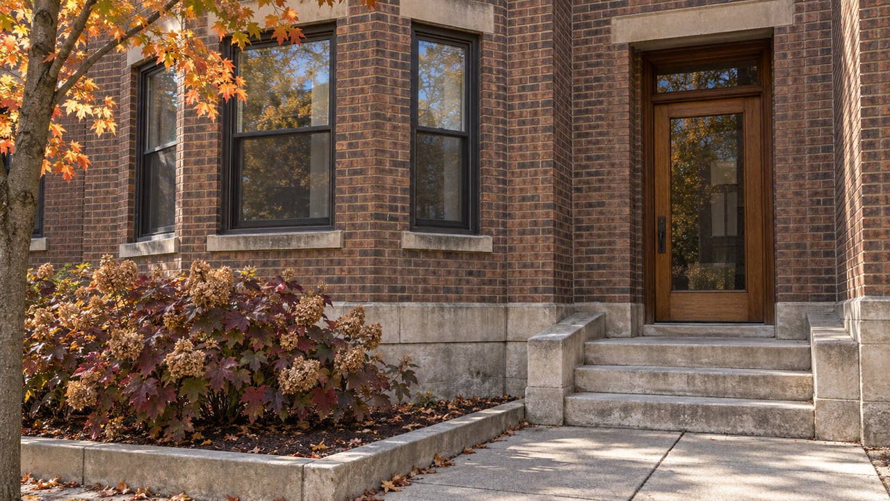 Autumn foliage beside a russet-brick apartment building with limestone steps and an enclosed oak-framed entrance.