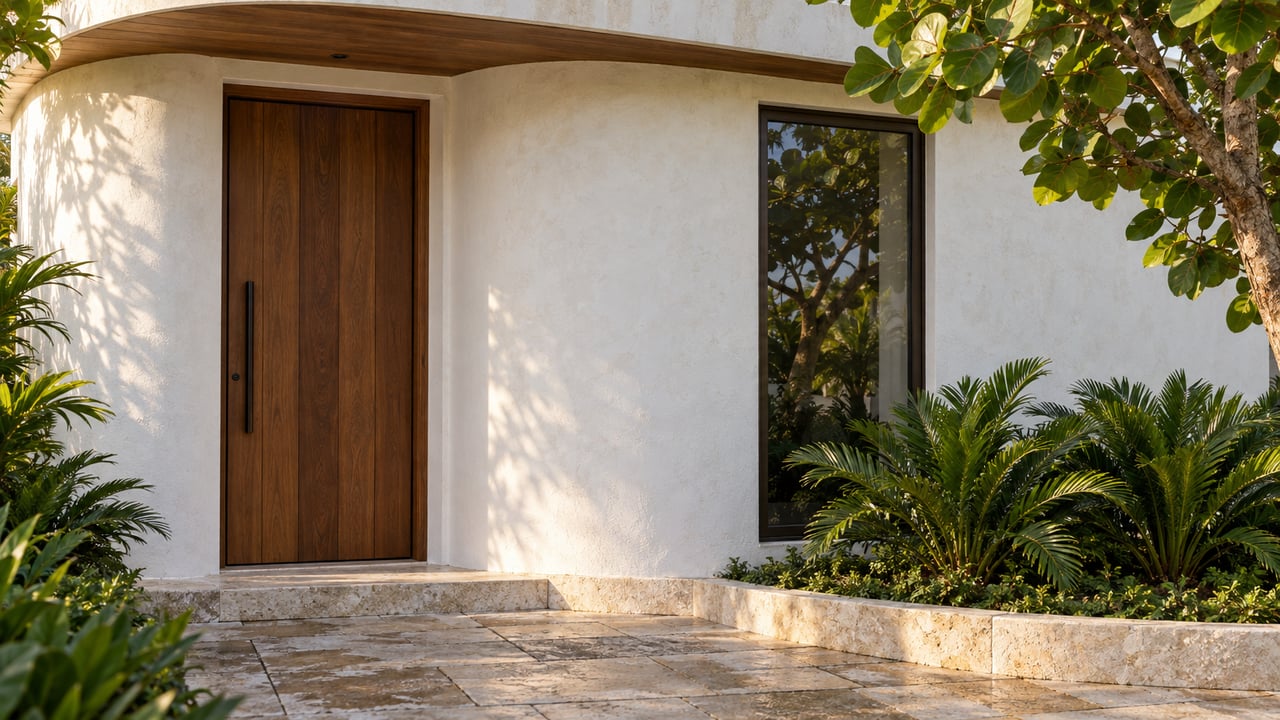 Rounded white-plaster villa entry with a closed timber door, bronze-framed window, and tropical planting.