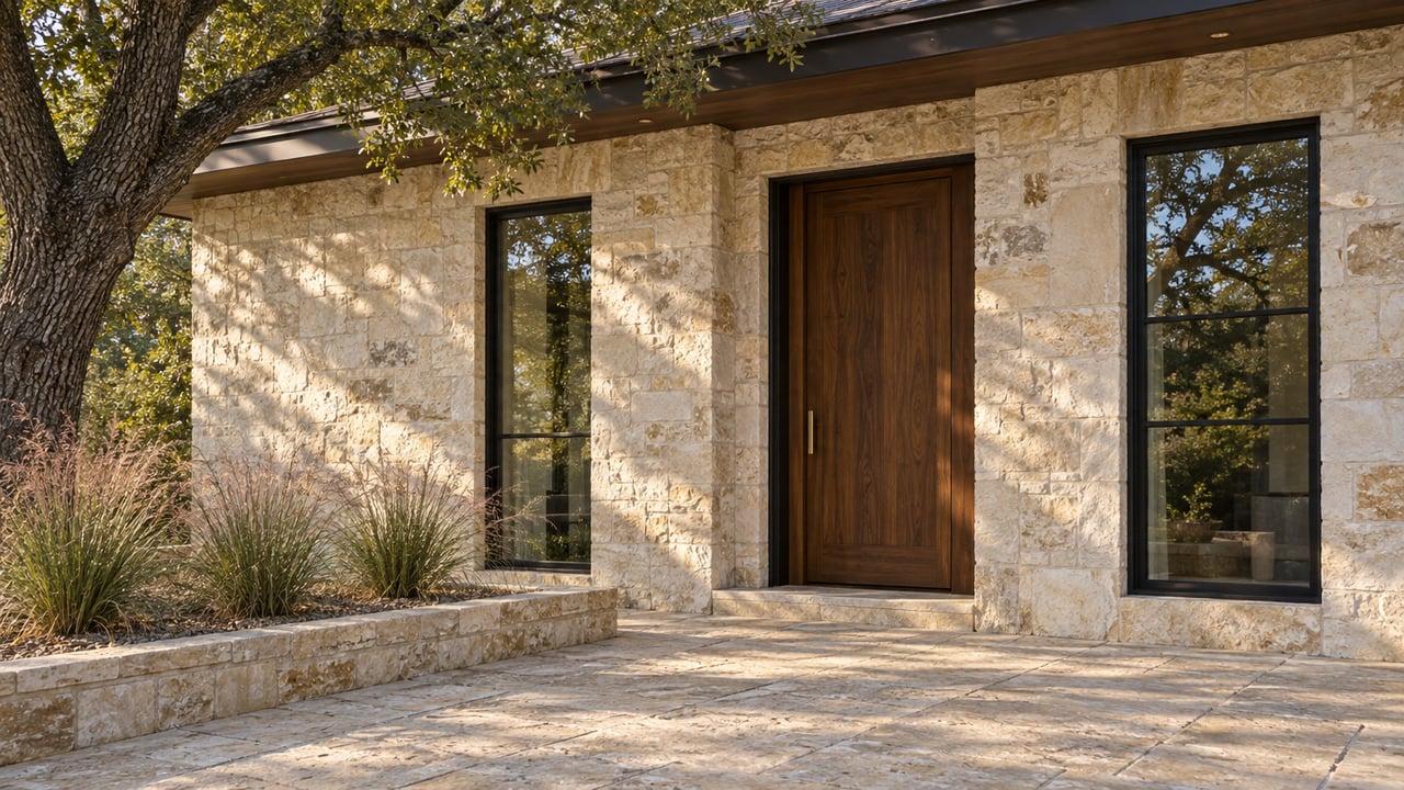 Limestone house entry with a recessed walnut door, flanking black-framed windows, and an oak shading the facade.
