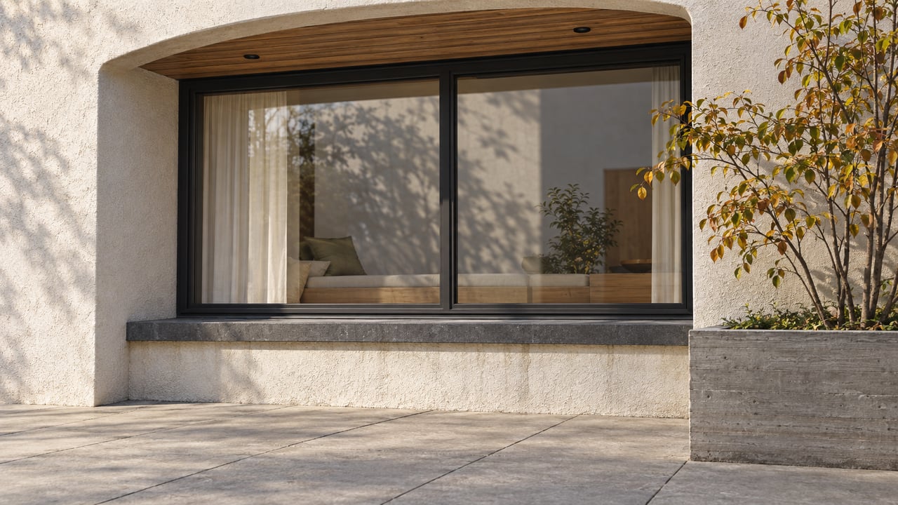 Close view of a recessed black-framed residential window under a curved pale stucco opening, with cedar soffit and a serviceberry in a raised concrete planter.