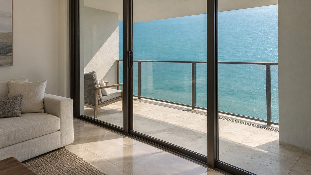 Condominium balcony beyond closed sliding glass doors, with a woven chair, pale stone pavers, and turquoise water.