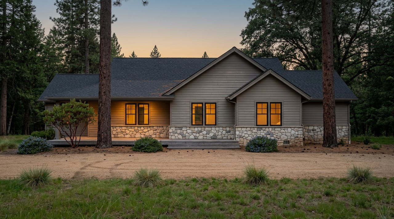 Sierra Craftsman home with stone base, glowing windows, gravel forecourt, and trees framing a dusk sky.