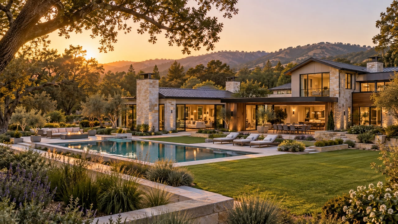 Modern stone-and-glass home with a pool and landscaped lawn at sunset.