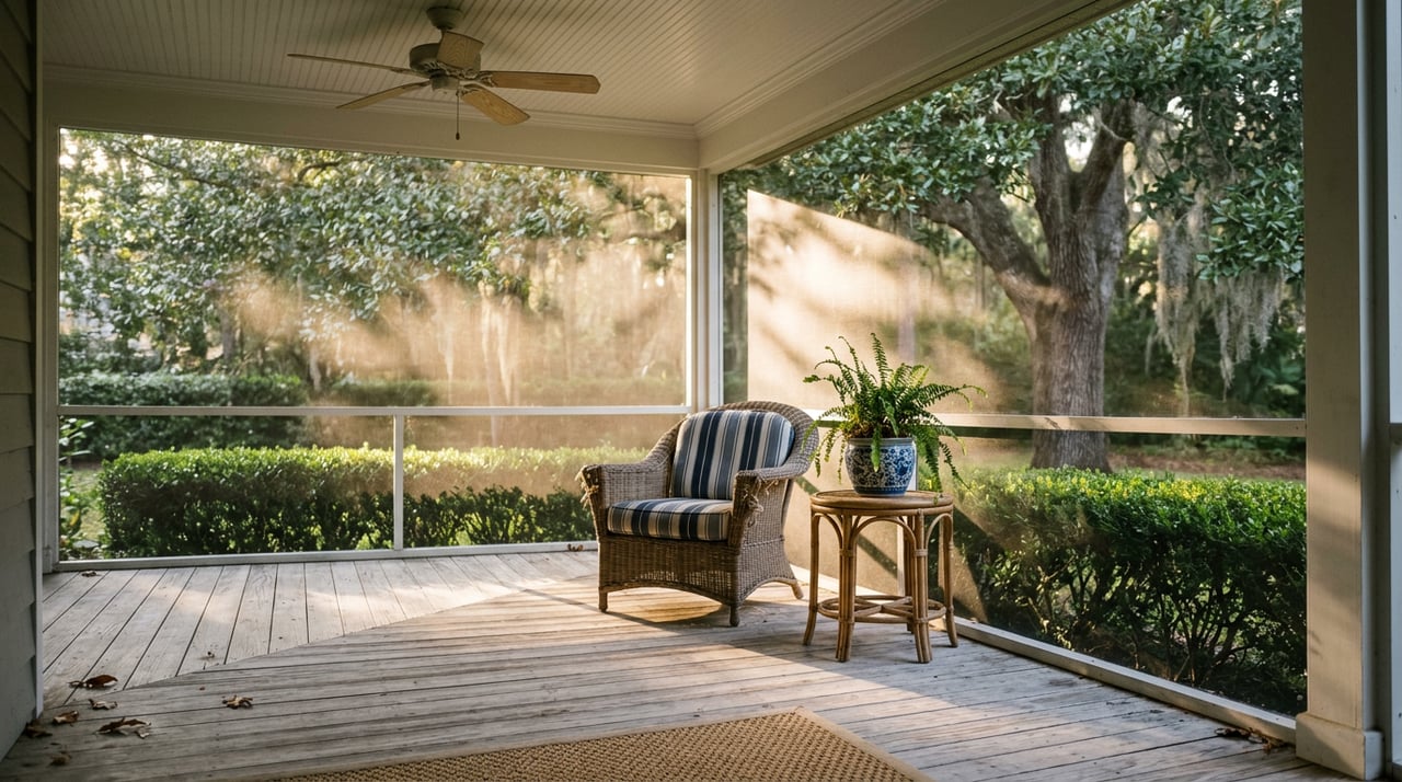 Screened porch with a wicker chair, striped cushion, fern, and moss-draped live oak beyond the mesh.