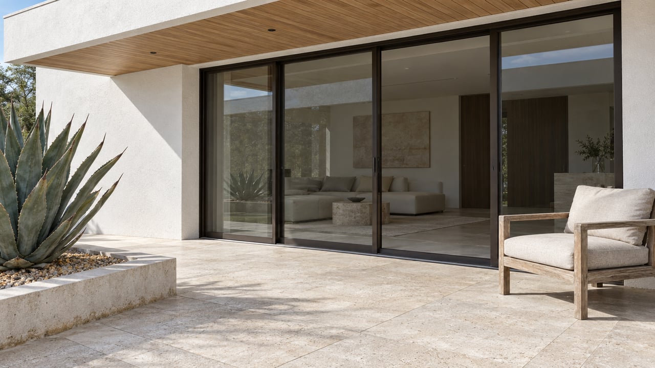 White stucco terrace with wood soffit, closed bronze-framed glazing, a teak lounge chair and one agave in a raised gravel bed.