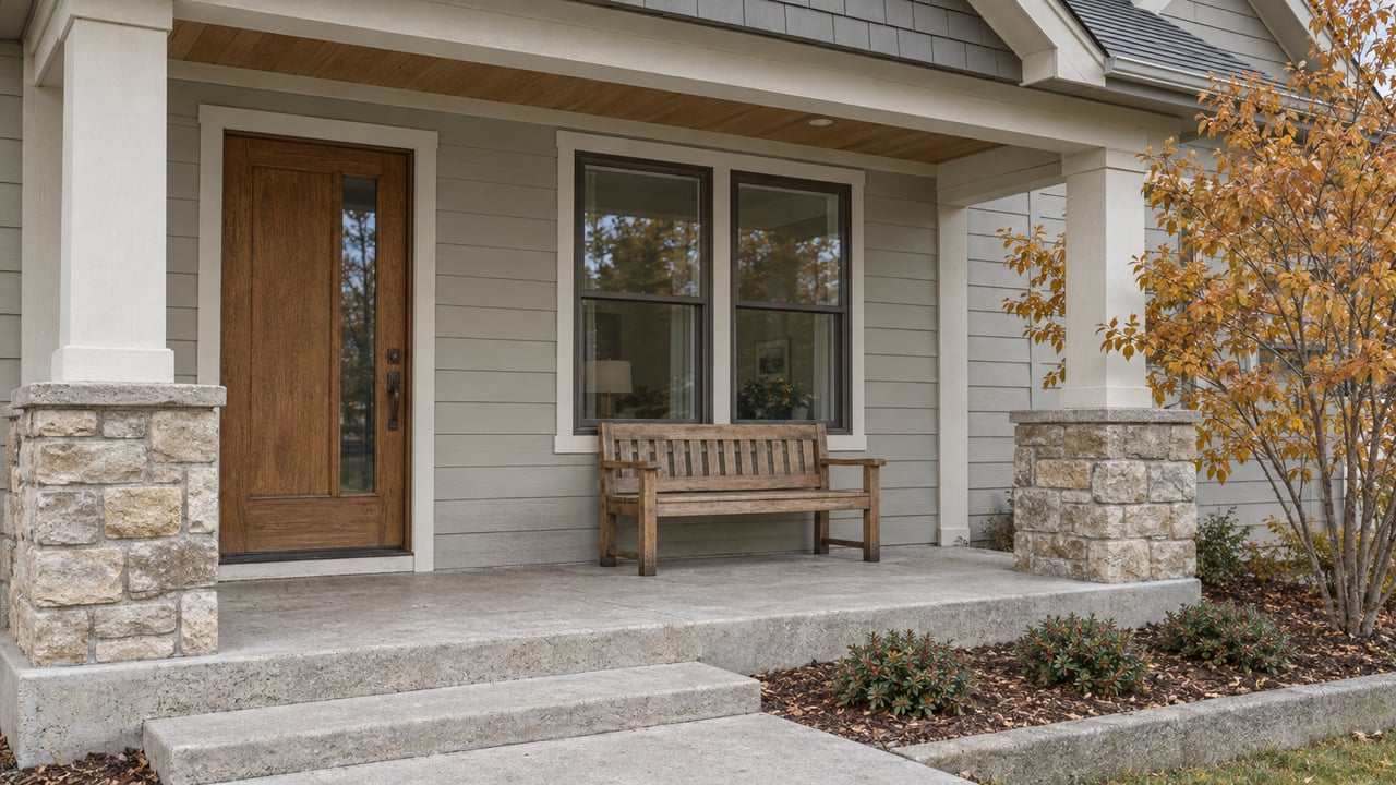 Covered front porch with pale lap siding, buff stone piers, a closed oak door and an oak bench beneath paired windows, beside autumn serviceberry leaves.