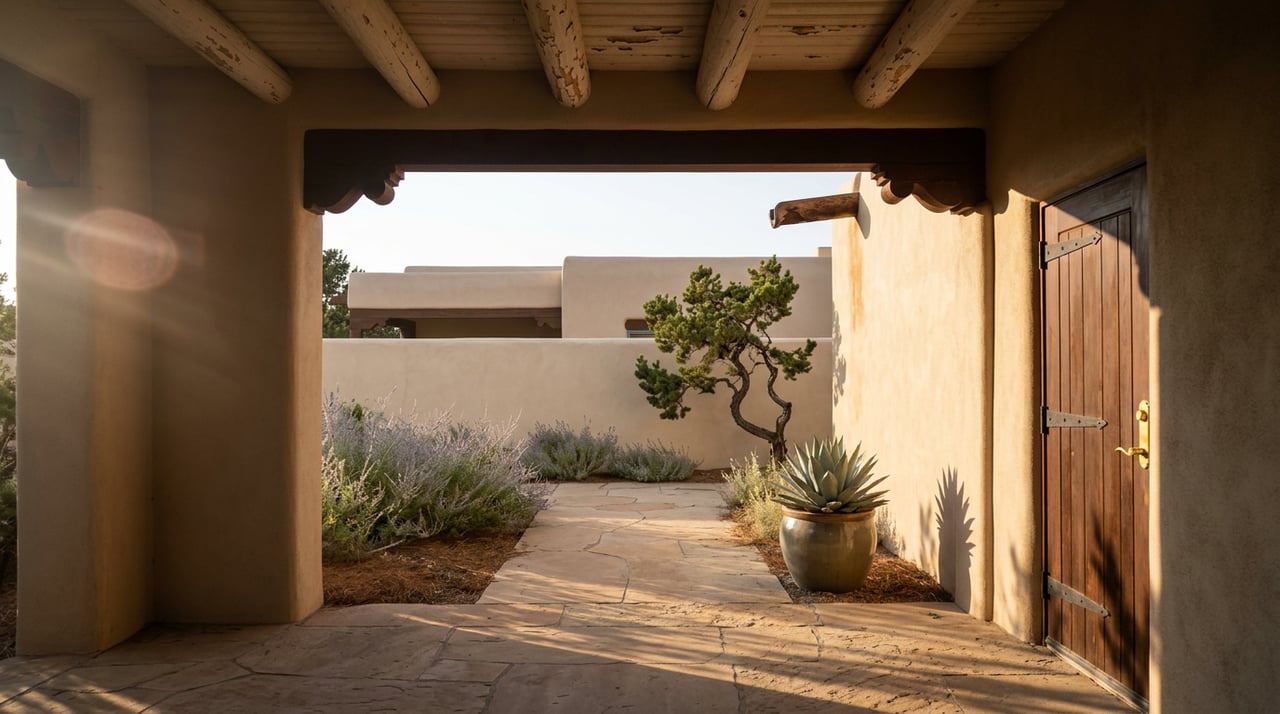 Covered adobe portal framing a courtyard with a sculptural pinyon pine, agave, flagstone, and weathered timber beams.