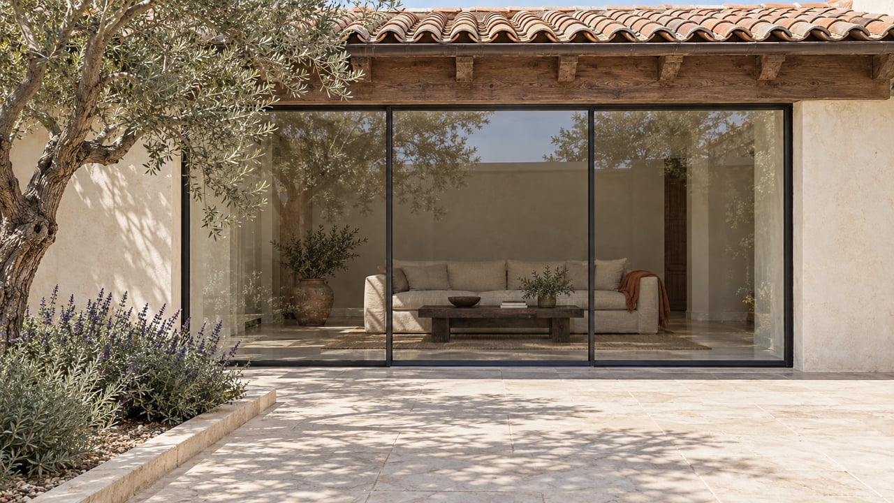 An ivory-stucco estate courtyard with a clay-tile roof, limestone terrace, mature olive tree and steel-framed sitting-room windows.