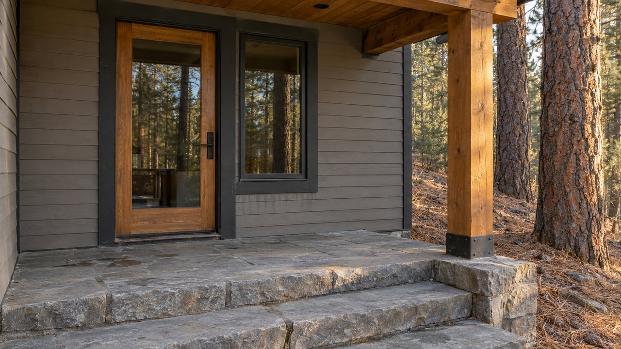 Timber cabin entrance with taupe siding, a glazed wood door and gray stone steps beside ponderosa pine trunks.