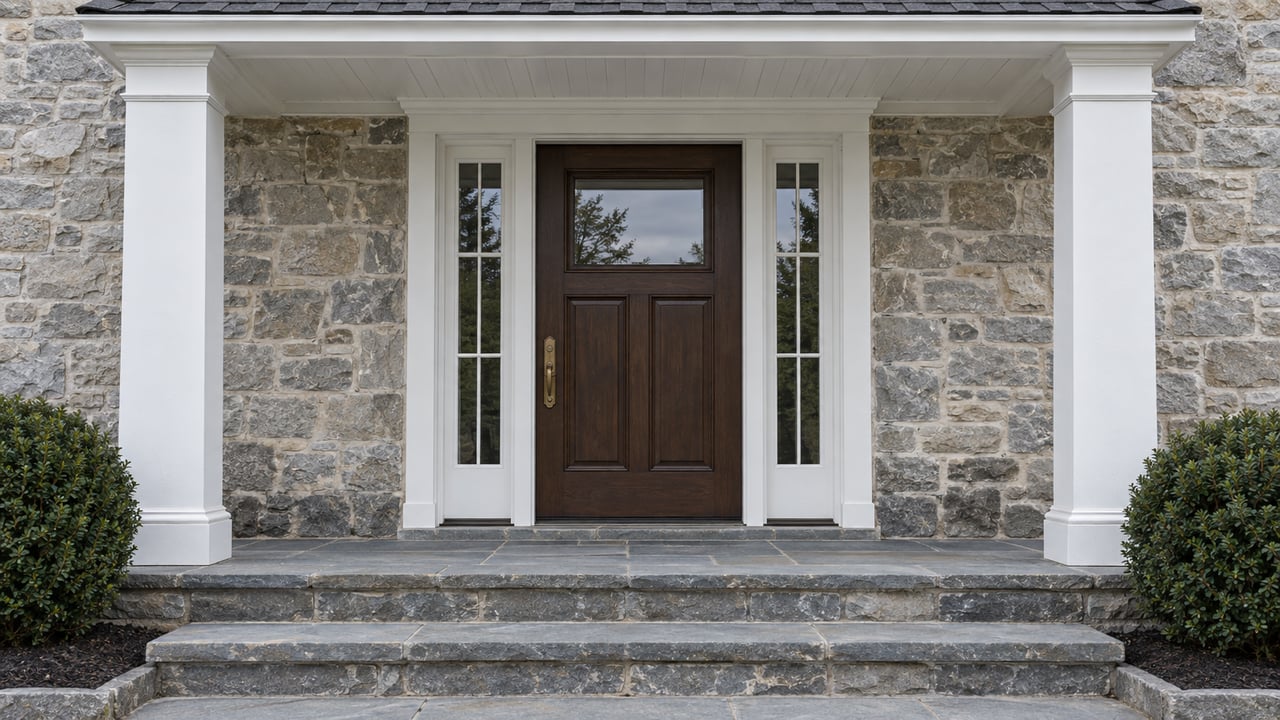 Close view of a stone home's sheltered oak front door, white columns and weathered bluestone steps.