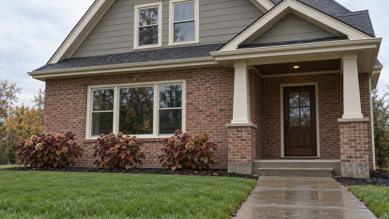 Brick and gray lap-sided home with a covered entry, rain-darkened concrete approach and autumn oakleaf hydrangeas.