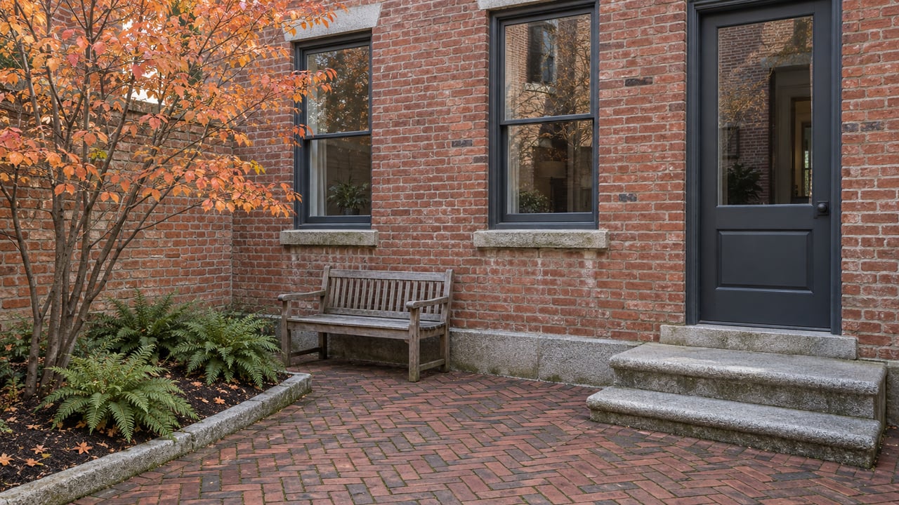 An intimate brick courtyard with granite steps, tall windows, a weathered wooden bench and copper-colored serviceberry leaves.