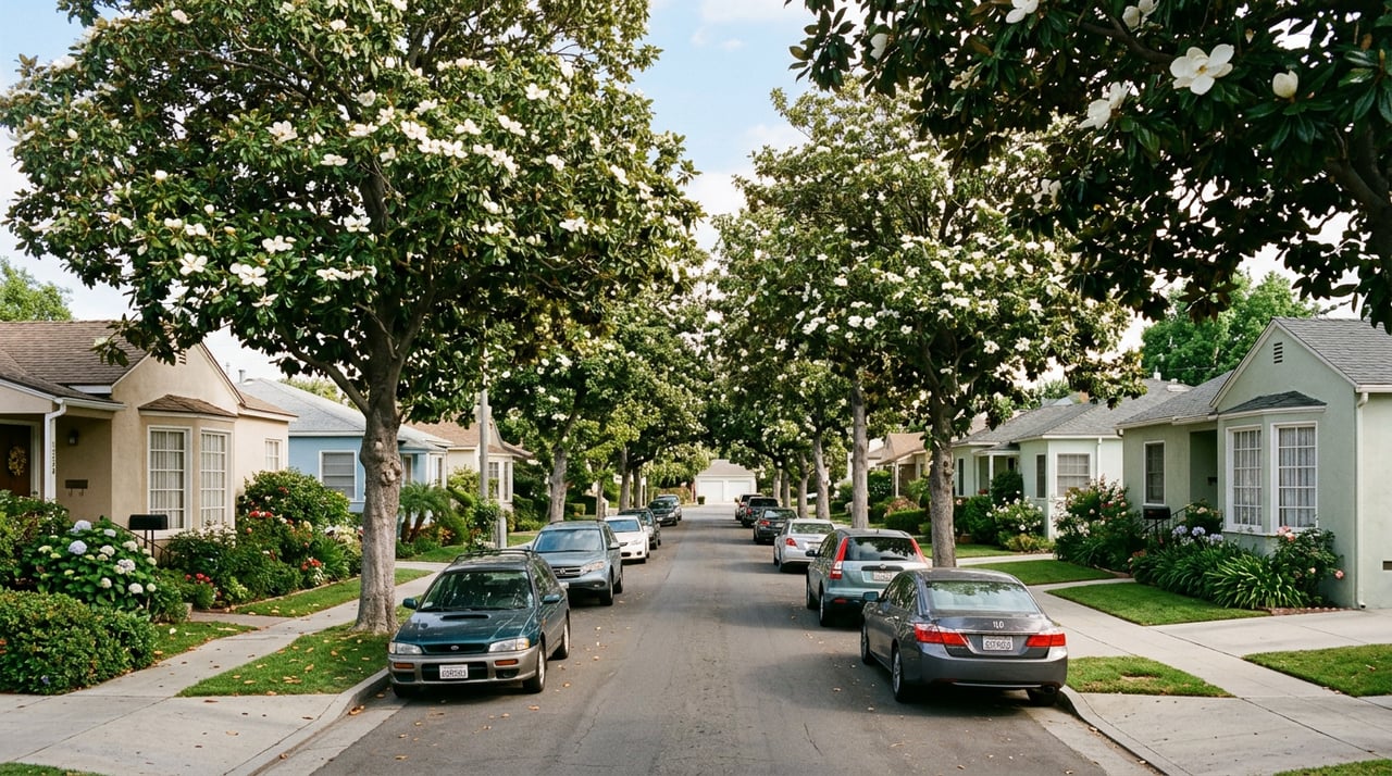 Tree-lined residential street in Lake Balboa with blooming magnolia trees and mid-century ranch homes