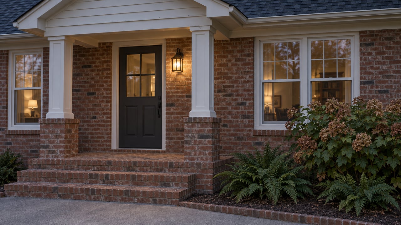 Brick home entrance at dusk with white porch columns, broad brick steps, and warm light beside a charcoal door.