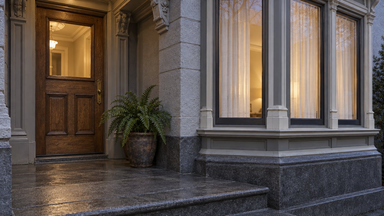 A recessed oak entrance beside a projecting gray timber bay, with worn stone steps and a single potted sword fern at dusk.