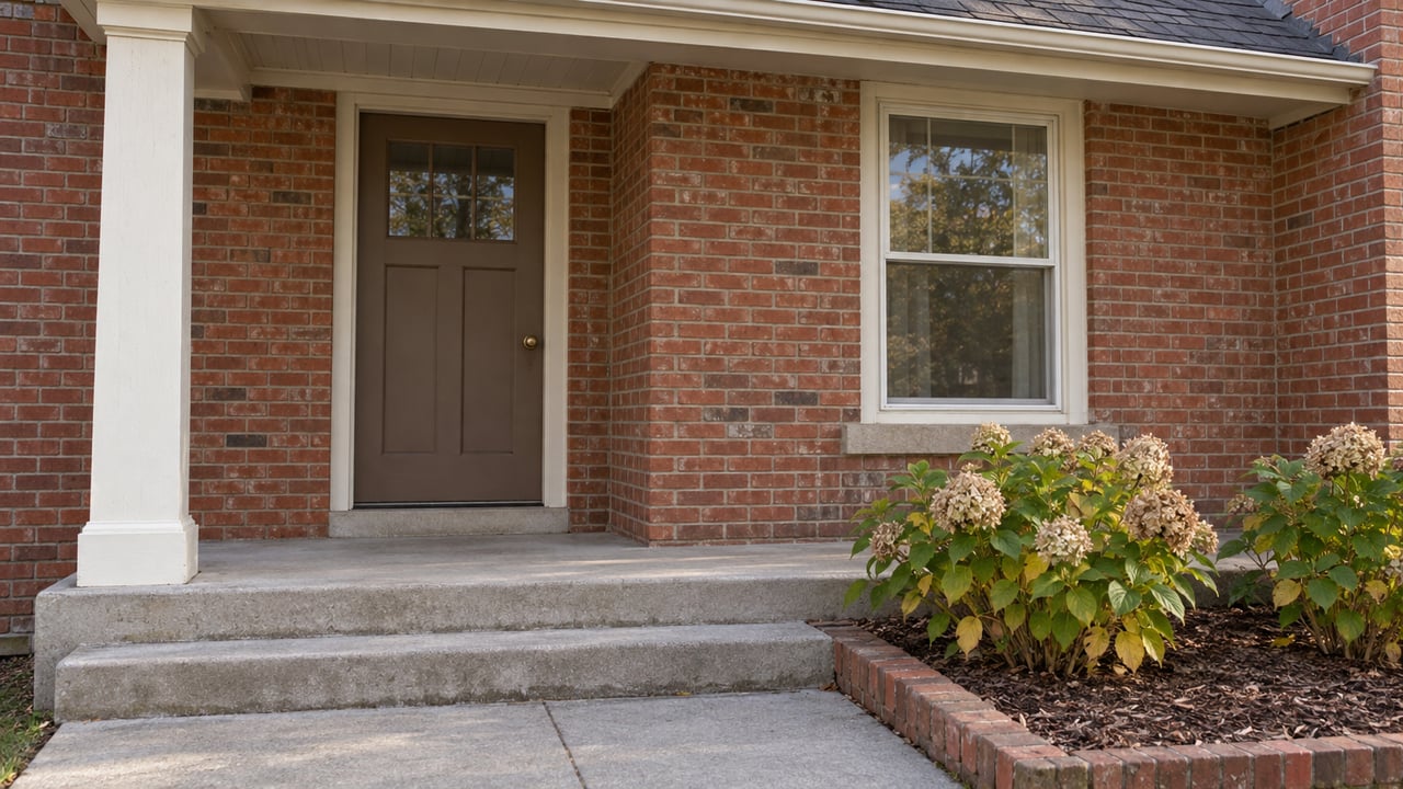 Red brick home entrance with an ivory porch column, concrete steps and hydrangeas beginning to turn for autumn.