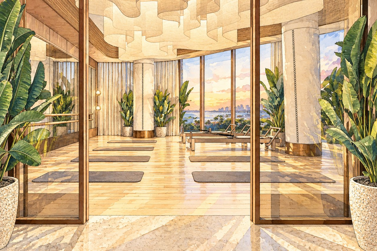 Yoga studio with tropical plants, floor mats and lounge chairs overlooking the water and Sarasota skyline.