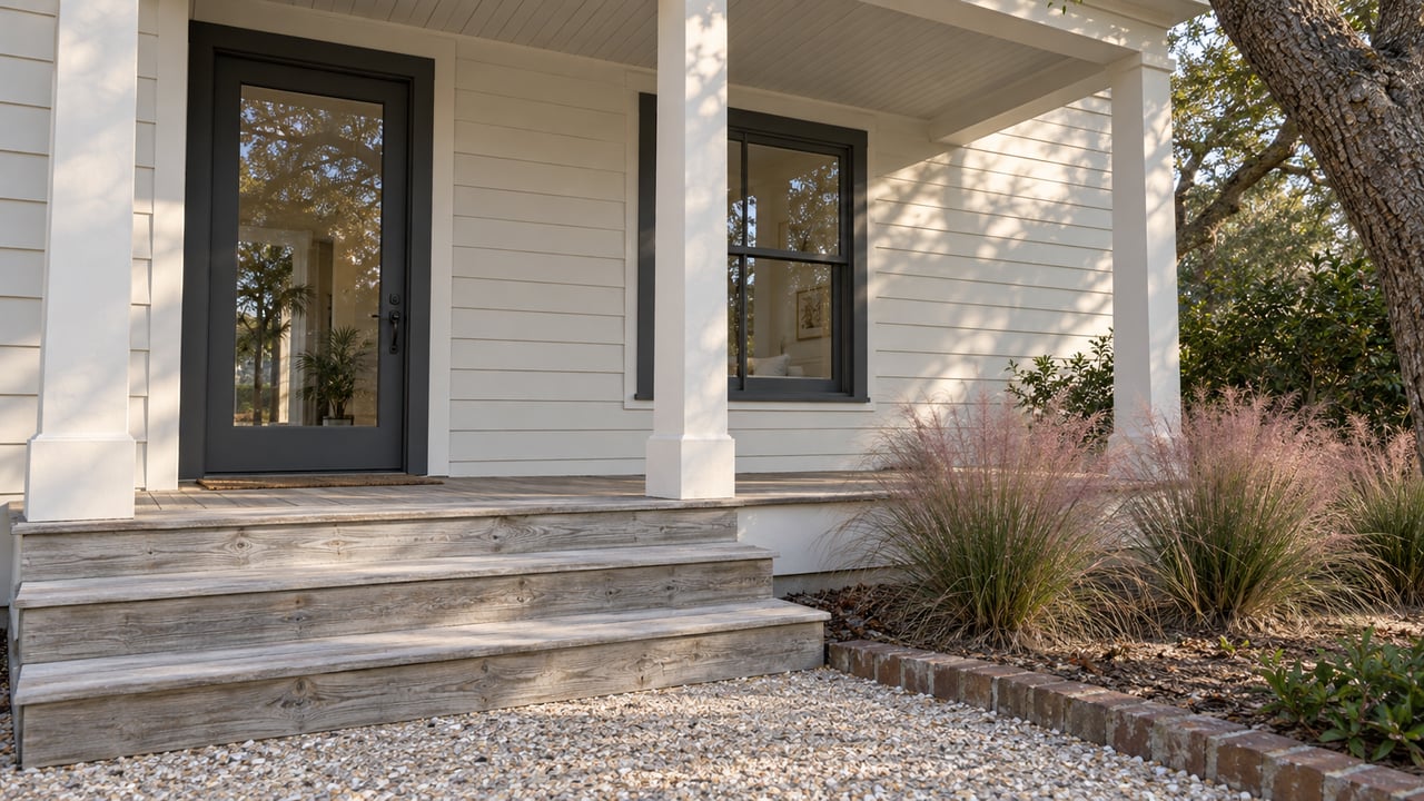 Covered coastal porch with a glazed entry door, dark-framed window, timber steps, and oak beside pink muhly grass.
