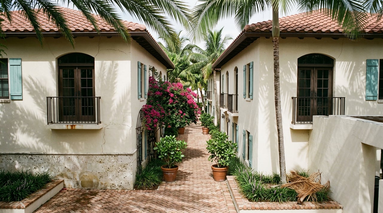 Palm shadows pattern a brick passage between cream stucco buildings with arched doors and iron balconies.