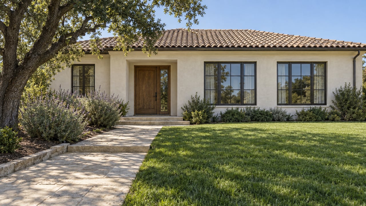 Single-story stucco home with a tile roof, wooden entry door, stone walkway, and broad green lawn.